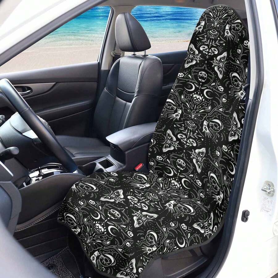 Gothic Skulls & Moths Car Seat Covers, Witchy Car Decor, Stylish Car Accessories Interior, Easy Installation, Car Enthusiasts, Highquality Material, Perfect Gift For Family Or Friends - 樣式 1 - 查看 1