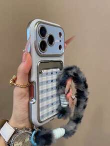 可爱格子爱心卡包仿皮手机壳，适用于 17 Pro Max/17 Pro/17/16/15/14 Pro Max，带毛绒腕带，哑光保护套 - 藍色 - 查看 1
