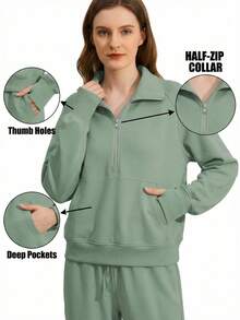 Women's 2 Piece Tracksuit Set - Half Zip Hoodie & Wide Leg Pants Loungewear With Pockets,Cozy 2 Piece Lounge Set - Sweatshirt & High Waisted Joggers For Home & Gym - Green - View 5