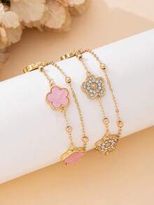 2件套优雅经典时尚水钻粉色四叶草多层手链套装（由于手工切割，珠子数量可能略有不同，但固定长度确保佩戴舒适） - 粉色 - 查看 4
