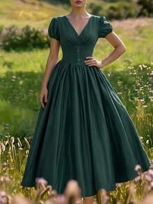 女士优雅长裙，时尚泡泡袖V领设计，法式复古风，收腰喇叭裙摆，夏季约会之夜连衣裙 - 綠色 - 查看 1