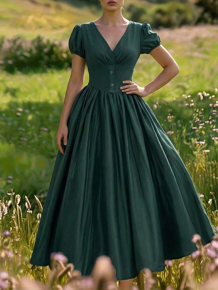 女士优雅长裙，时尚泡泡袖V领设计，法式复古风，收腰喇叭裙摆，夏季约会之夜连衣裙 - 綠色 - 查看 1