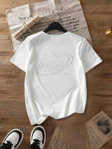 女士宽松水钻字母印花落肩T恤，夏季 - 白色 - 查看 2