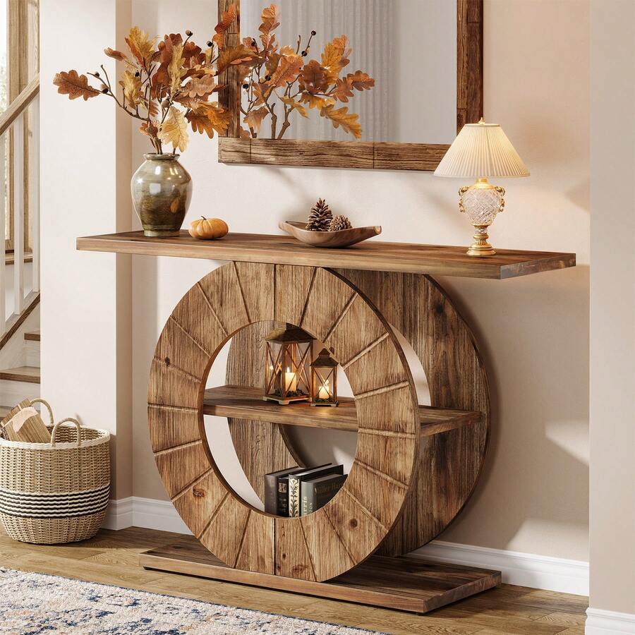LITTLE TREE 41" Solid Wood Console Table With Storage, Farmhouse Sofa Table With 3-Tier Shelves & Carved Circle Base For Living Room, Hallway, Foyer - 棕色 - 查看 1