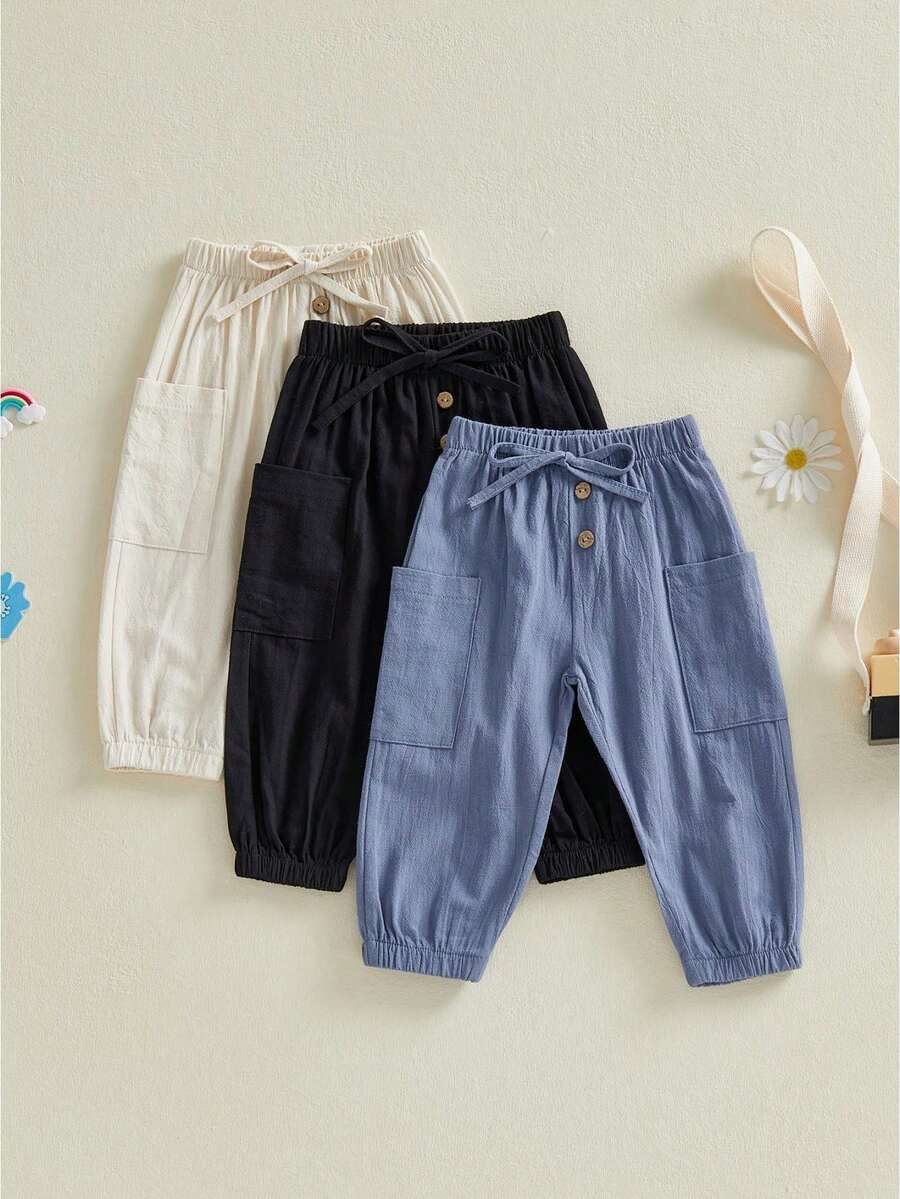 Unisex Baby Pants Pack Of 3 Toddler Boys Joggers Kids Girls Trousers Solid Color Elastic Waist Bottoms Soft Cotton Cargo Pants Casual Trousers - 藍色 - 查看 1