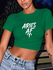 Aries OF Typography Women's Fashion Short Sleeve T-Shirt,Y2K Top Crop,Camisetas De Fiesta,Back To School,Vintage,Street Wear, Rock, Holiday, Vacation, Festival, Summer Tops - 綠色 - 查看 2