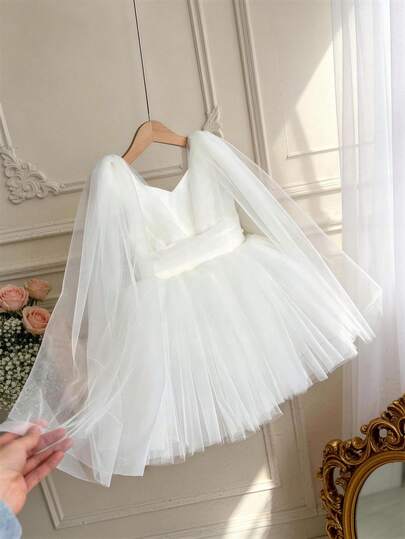 Baby Girls Sleeveless White Net Yarn Elegant Princess Dress, Suitable For Baby's 1st Birthday Gift, Party, Evening Banquet, Festival Celebration