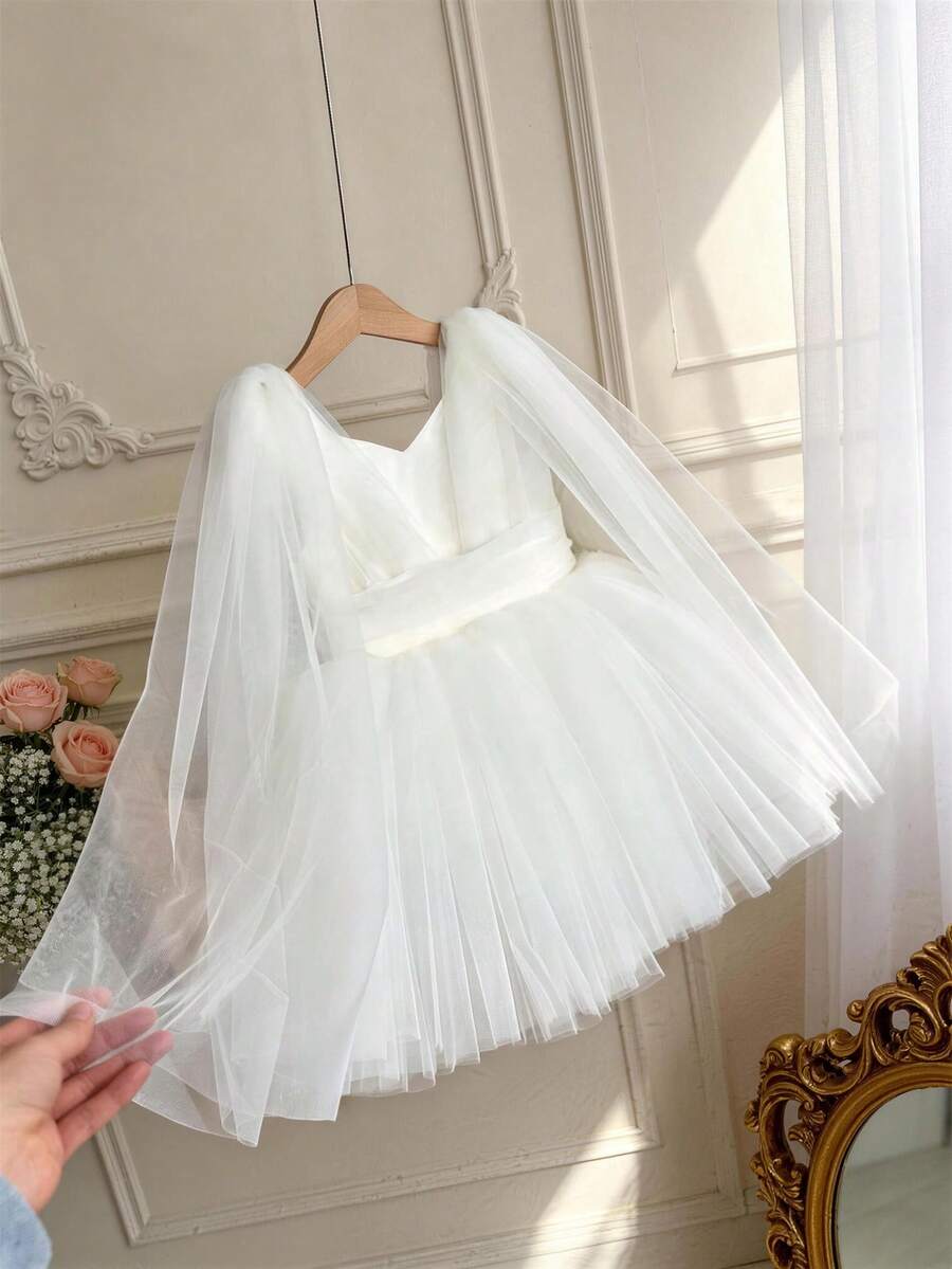 Baby Girls Sleeveless White Net Yarn Elegant Princess Dress, Suitable For Baby's 1st Birthday Gift, Party, Evening Banquet, Festival Celebration - 白色 - 查看 1