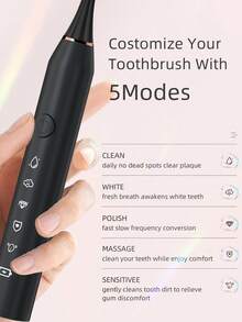 1 pieza Cepillo de dientes eléctrico para adultos con 3 cabezales de cepillo, 5 modos, IPX7 resistente al agua, larga duración de la batería, recargable por USB, limpieza dental - Negro - Ver 3