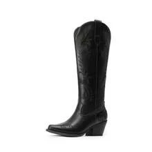 Womens Cowboy Boots Knee High Western Retro Embroidered Cowgirl Boots Comfortable Square Toe Tall Boots - 黑色 - 查看 2
