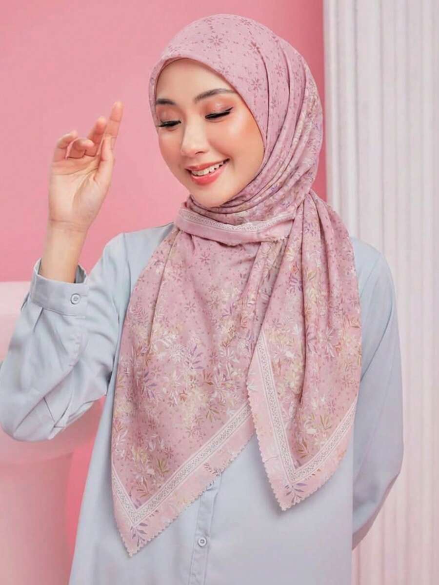 1pc Women's 110cm Floral Print Square Scarf, Voile Hijab, Lightweight Soft Breathable Versatile Scarf, Elegant Floral Print Fresh Soft Atmosphere Scarf, Graceful Quality Sun Protection Decorative Headscarf, Multifunctional Square Scarf For Outfit, Suitable For Daily Wear, All Seasons - Multicolor - View 1