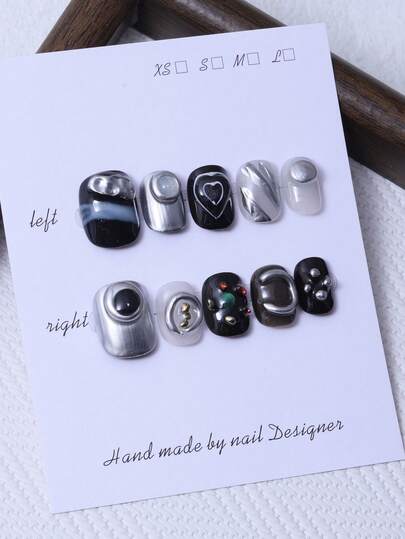 10片/套 手工制作的Y2K黑色风格短圆掌片，3D手绘银色模具，手绘渐变阴影设计，用于美甲装饰。包含1片果冻胶和1把指甲锉。非常适合日常佩戴，也适合科切拉音乐节等场合的装扮，是美甲贴片和美甲护理产品的理想之选。手工制作的美甲贴片。