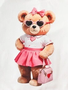 Young Girl' Sweet & Cute White Round Neck Cartoon Bear Print Top And Fuchsia A-Line Pocket Skirt Set, Fashionable Everyday Outfit - Pink - View 8