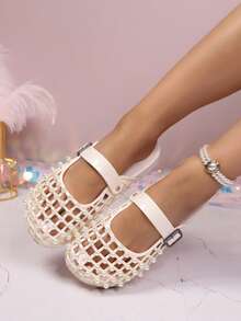 Women's Fashionable Versatile Pearl Hollow Out Sandals - White - View 4