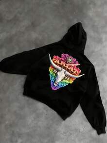 Men's A RIAT 1993 Western Retro Hoodie: Rainbow Gradient Bull's Head + A RIAT Lettering + 1993. American Retro Street Style Pullover, A Must-Have For Campus Skateboarding/Outdoor Leisure. Highly Recognizable, Loose And Comfortable Pullover. - 黑色 - 查看 2