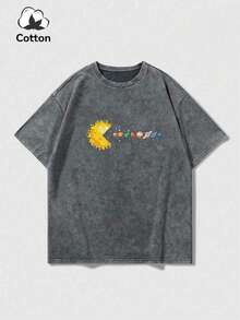Camiseta de manga corta con cuello redondo, estampado de galaxia, estilo oscuro Y2K, lavada, para uso diario, talla grande para hombres - Gris - Ver 3