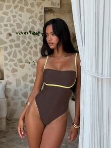 Khaki Contrast Color Hollow Out One-Piece Swimsuit, Halter Neck Design + Cutout Waist, Exudes Elegant Vibe, Easy To Create Sexy Vacation Look - Coffee Brown - View 1