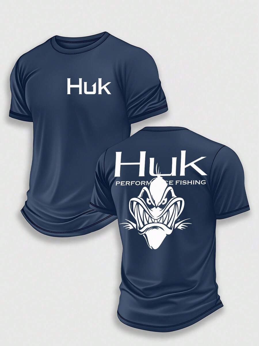 (220 Pieces Of Pure Cotton T-Shirts)HUK MONSTER ANGLER Performance Fishing T-Shirt, Moisture Wicking Quick Dry Tee, High-Quality Graphic Printed Outdoor Sportswear, Men's Short Sleeve Shirt, Shark Teeth Monster Graphic, Deep Sea Predator Art, Holiday Gift, Performance Gear, Lightweight Breathable, Camisetas Para Hombre, Men Vacation Outfits, Urban Outdoor Style - Navy Blue - View 1