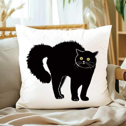 1pc Cute Fluffy Black Cat Decorative Pillow Cover, Single-Sided Printed Soft Peach Velvet Material, 45*45CM/18*18inch, Suitable For Room Decor, Modern Fabric Sofa Indoor Decoration, Party Decor, Gift