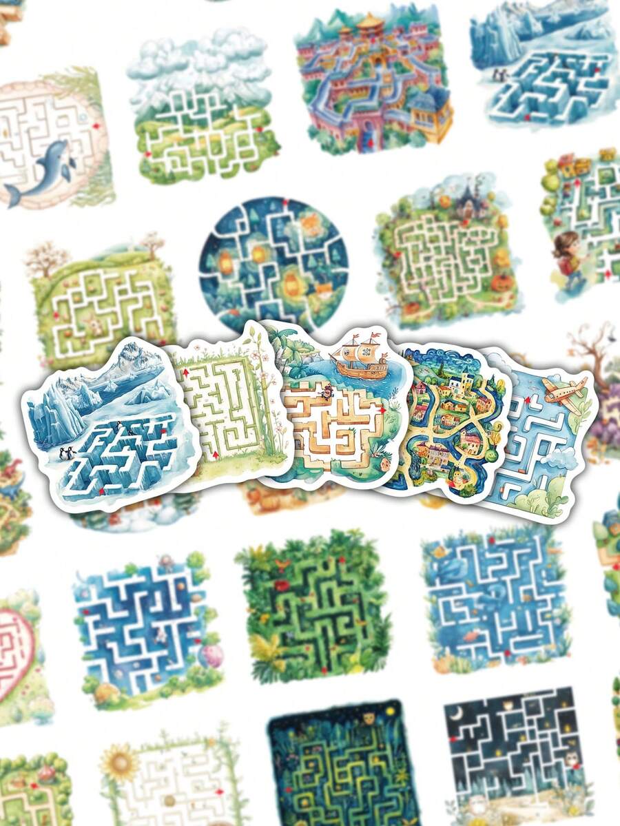50pcs Maze Game Stickers Aesthetic Vibes For Journal, Phone Case, Tablet, Water Bottle, Desk, Helmet, Bike, Luggage, Waterproof Decals - Multicolor - View 1