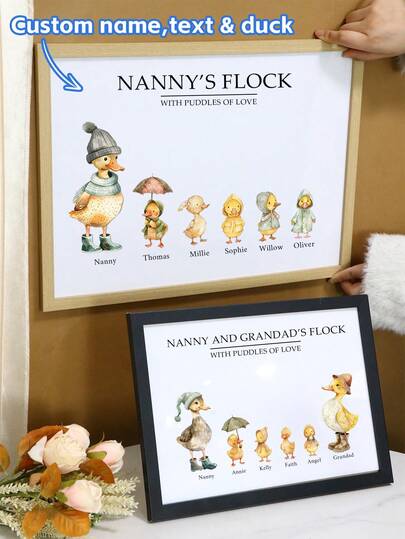 Customized Duck Family Photo Frame With Name Printing, Personalized Grandma Bird Group Wall Art Gift For Grandma And Grandpa, Cute Animal Illustration Home Decor For Living Room And Bedroom, Customized Family Name Poster, Warm Birthday, Mother's Day Gift, Customizable Anniversary Present