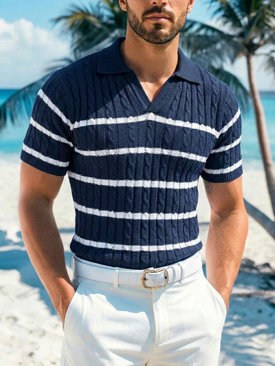 1pc Men's Knit T-Shirt, Textured Thick Striped Knit Contrast Color Tee, Men's T-Shirt, Comfortable Soft Fabric, Short Sleeve Knit T-Shirt, Can Be Worn Alone Or Layered, Suitable For Party, Yacht Gathering, Simple Casual Old Money Style - Navy Blue - View 1