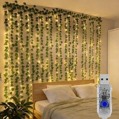 1pc LED Evergreen Leaf String Light, Hanging Fairy Lights, USB Powered (Battery Not Included), 8 Lighting Modes, 2M/5M/10M, Green Hanging Artificial Plants, For Holiday Party, Room, Valentine's Day, Wedding, Engagement, Ramadan, Easter, Bedroom, Wall And Indoor Decor