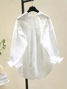 花卉印花前短后长雏菊刺绣白色长袖衬衫，宽松休闲上衣，女士春季减龄上衣 - 白色 - 查看 2