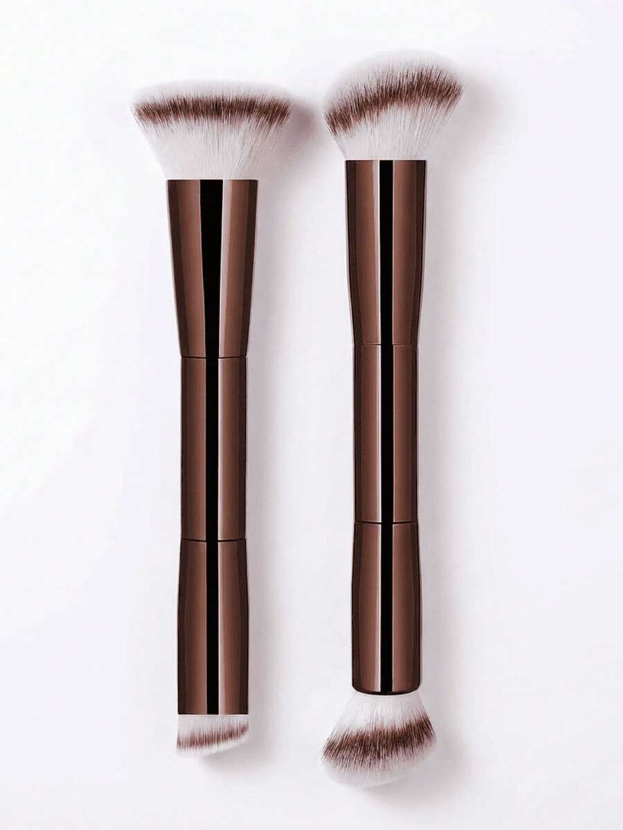 2支装专业双头化妆刷，散粉刷、腮红刷，化妆工具，柔软纤维，方便携带，旅行刷，粉底刷、遮瑕刷、腮红刷、轮廓刷 - 咖啡棕 - 查看 1