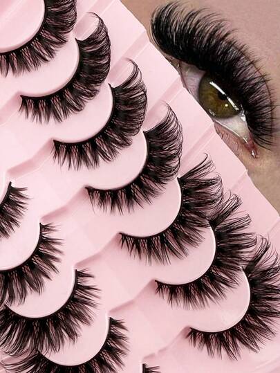 7对自然蓬松假睫毛，适合日常佩戴，卡通风格，旅行必备，条状假睫毛