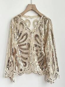 Fashionable Women's Sequin Versatile Cover Up Top, 3/4 Sleeve Jacket, Hollow Embroidery Sheer Short Cover Up - Multicolor - View 1