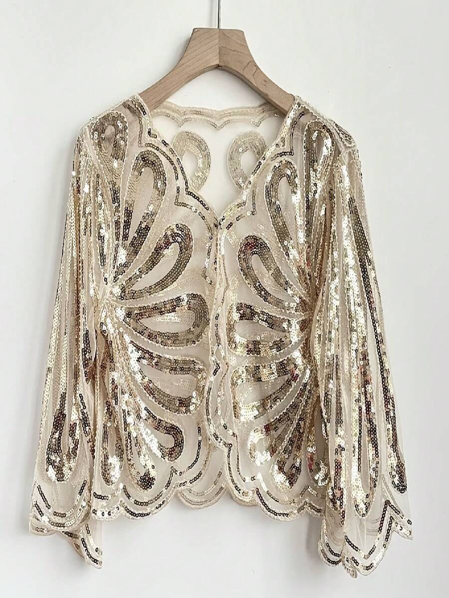 Fashionable Women's Sequin Versatile Cover Up Top, 3/4 Sleeve Jacket, Hollow Embroidery Sheer Short Cover Up - Multicolor - View 1