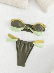 女士全新时尚性感无肩带比基尼套装，拼色拼接比基尼套装夏季海滩 - 軍綠色 - 查看 6