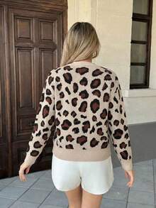 Jersey de mujer de punto con estampado de leopardo, cuello redondo, manga larga, detalles de punto acanalado, ajuste regular, adecuado para el uso diario en otoño/invierno - Albaricoque - Ver 4