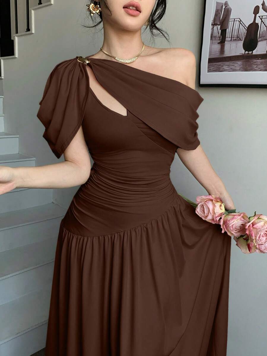 abyoxi 女士棕色褶裥修身喇叭连衣裙，优雅时尚，适合派对、约会、度假、婚礼、正式场合、宴会、教师节、母亲节、毕业典礼等场合，春夏弹力修身长裙 - 棕色 - 查看 1
