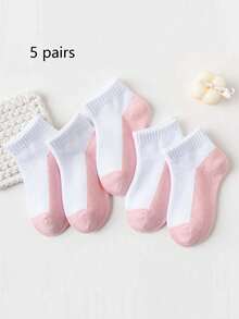 5 Pairs Kids Solid Color Mesh Short Socks, Boys & Girls School Socks, Contrast Color Children Socks - Pink - View 8