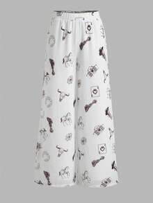 Women's Casual White Vacation Ruffled Elastic Mesh Printed Wide Leg Pants, Spring/Summer - White - View 2