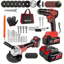 Cordless Drill And Angle Grinder: Brushless Motor, 2 High-Capacity Batteries, Full Functions (Drilling, Screwdriving, Hammer Drilling And Sanding), Wide Range Of Accessories - 紅色 - 查看 1