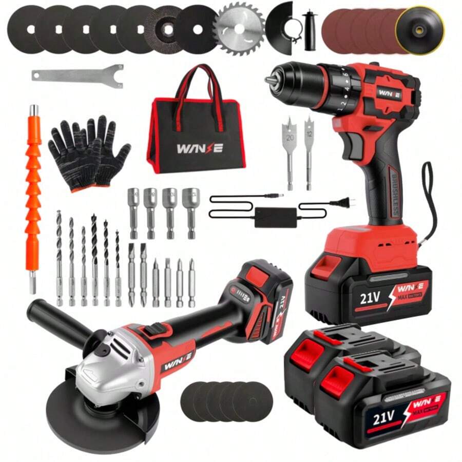Cordless Drill And Angle Grinder: Brushless Motor, 2 High-Capacity Batteries, Full Functions (Drilling, Screwdriving, Hammer Drilling And Sanding), Wide Range Of Accessories - 紅色 - 查看 1