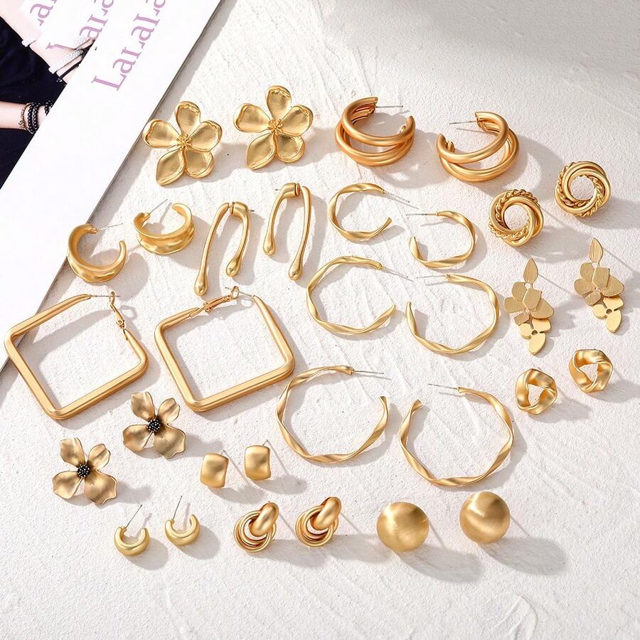 5 Pairs Vintage Luxury Gold Flower & Geometric Earring Set, Matte Metal Wrapped Design Earrings, Suitable For Women's Daily And Party Wear - Multicolor - View 1
