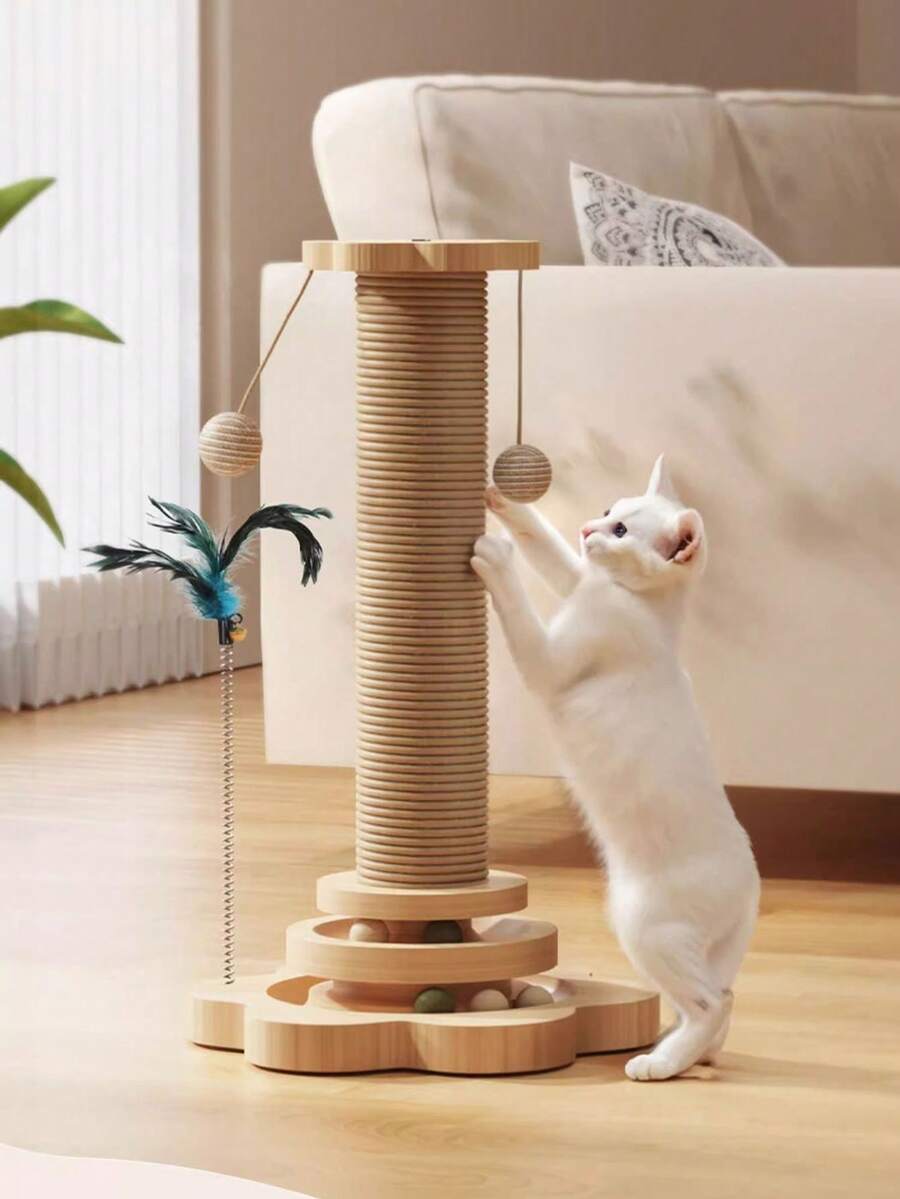 1pc/2pcs Cat Scratching Post/Climbing Tower With Elevated Design, Featuring Durable Anti-Scratch Sisal Rope Pads. Includes Built-In Cat Teaser Wand And Cat, Perfectly Satisfying Cats' Self-Grooming, Scratching And Entertainment Needs. An Excellent Gift For Kittens. Cat Scratching Post, Cat Supplies, Cat Toys - Khaki - View 1