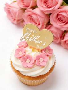 6pcs Gold Mirror Acrylic Cupcake Toppers, Heart Shape Happy Mother's Day Acrylic Cupcake Toppers, Happy Mother's Day Cake Plate Decorations, Round Birthday Party Dessert Baking Cake Decor, Mother's Day Cake Decoration Party Supplier - Gold - View 2