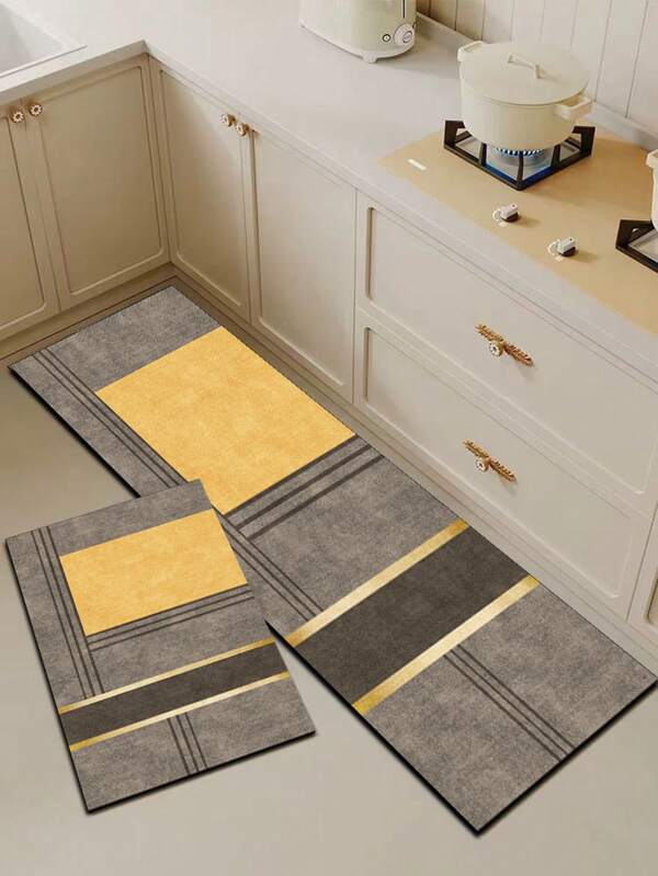 1pc Silica Gel Kitchen Floor Mat, With Varying Shades Of Gray As The Base, Featuring Warm Yellow Rectangular Blocks, Dark Gray Horizontal Stripes, And Bright Gold Decorative Lines In Horizontal Geometric Patterns, Complemented By Fine Gray Lines For Detailed Layering