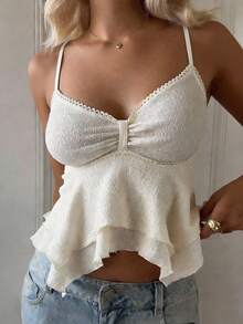 Áo hai dây crop top nữ tính mùa hè phong cách Y2K với đường viền hai lớp không đều, kiểu dáng gợi cảm, phù hợp cho dạo phố, đi làm và mặc ở nhà. - Màu be - Xem 4