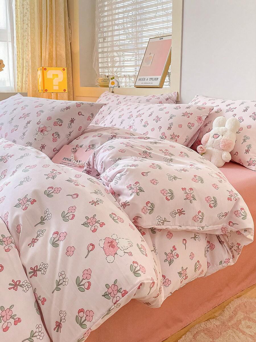 三件套被套组 - 1 个被套 + 2 个枕套（不含填充物），床上用品套装，时尚花卉图案，柔软舒适，适合宿舍、家庭卧室、酒店，四季皆宜，带拉链封口和枕套，多种颜色可选，超大尺寸 - 安妮兔 - 查看 1