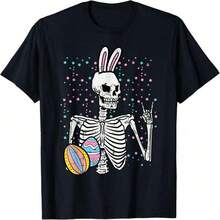 Easter T-Shirt With A Skeleton Rabbit And Rocking Hand Design For Children, Youth, And Teens. Kids' Clothing. - 黑色 - 查看 8