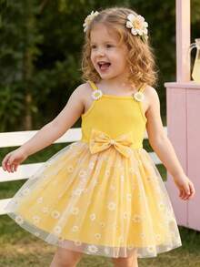 少女可爱时尚吊带雏菊印花网纱下摆连衣裙，适合日常穿着、居家及夏季户外穿着。 - 黃色 - 查看 3