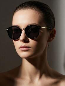 Moemton Women's Retro Round Cat Eye Fashion Glasses, Metal Frame With Black Acrylic Lens, Suitable For Summer Beach And Street Wear - Black - View 1