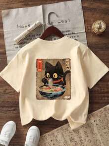 男童休闲印花圆领短袖T恤，夏季上衣 - 杏色 - 查看 2