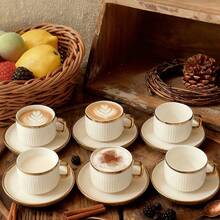 Bộ 6 tách và đĩa cà phê cổ điển có vân sọc, tách espresso bằng gốm sứ viền vàng sang trọng, bộ đồ ăn thanh lịch cho trà chiều tại nhà, văn phòng và bữa sáng, món quà hoàn hảo cho người yêu cà phê. - Nhiều màu - Xem 11
